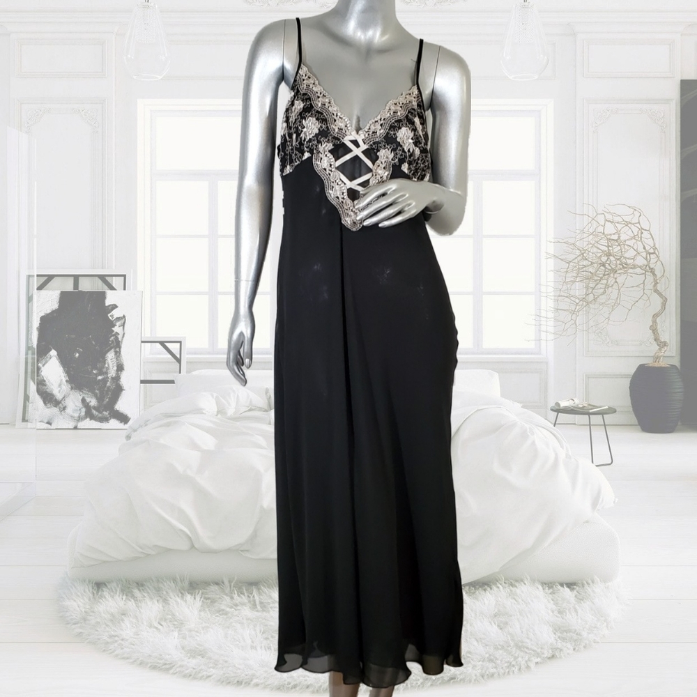 Black Long Nightgown w/Embroidery Detail